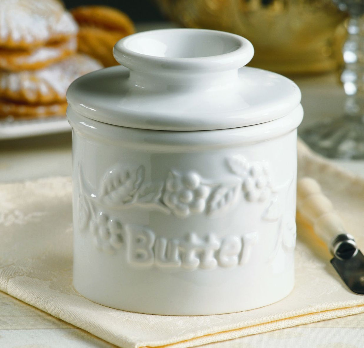 Butter Bell Crock - Raised Floral White